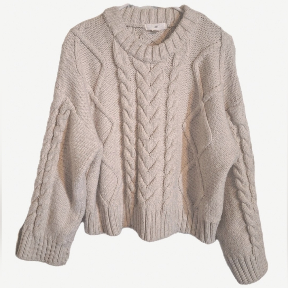 H&M Cable Chunky Knit Cream Sweater Long Sleeve Sz L Cropped Cottagecore